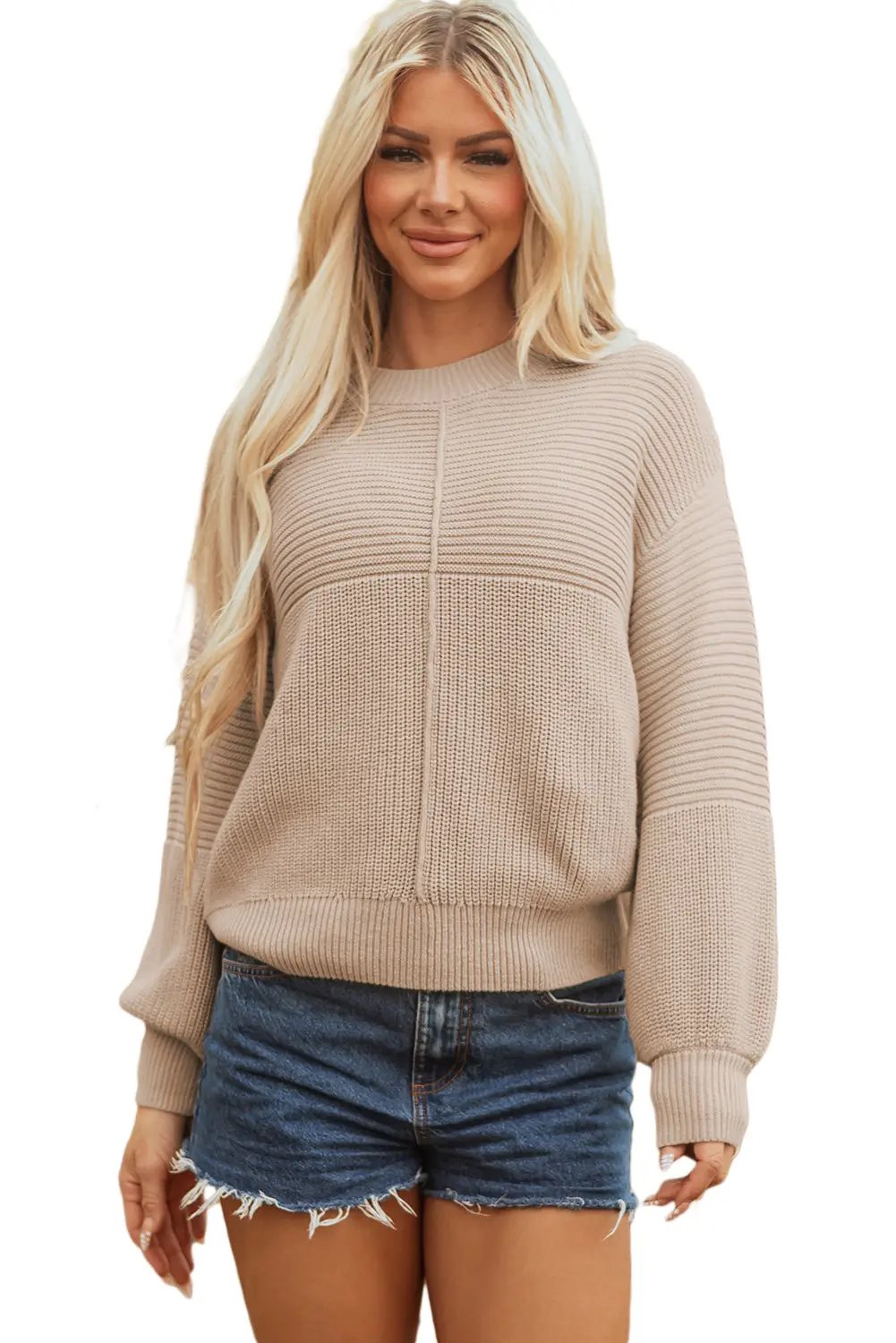 Premium Parchment Mixed Texture Patchwork Knitted Puff Sleeve Sweater Dear-Lover Dropshipping